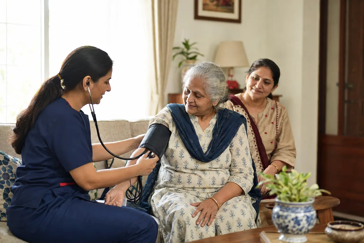 AVNIS home-care professional attending to an elderly patient at home